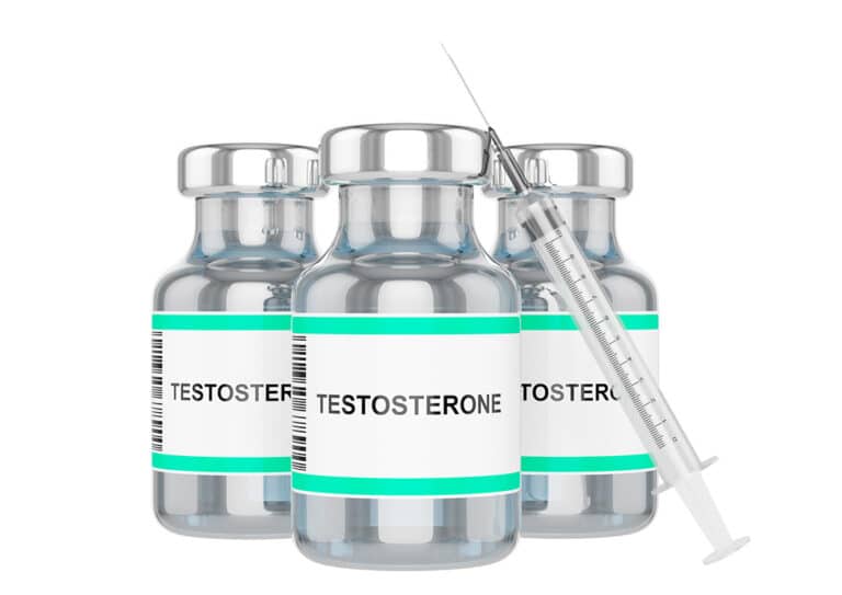 testostérone : flacon de médicament avec symbole chimique