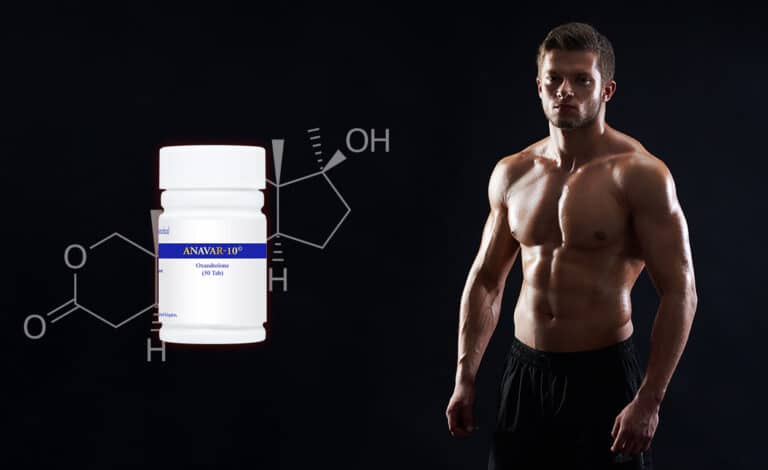 Anavar Oxandrolone : flacons de stéroïdes anabolisants sur fond de haltères de musculation