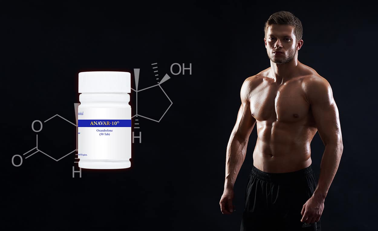 Anavar Oxandrolone : flacons de stéroïdes anabolisants sur fond de haltères de musculation