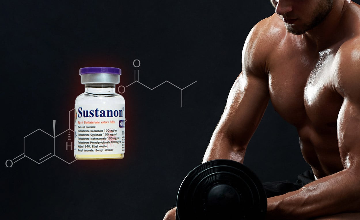 sustanon : flacons de Sustanon 250 alignés sur fond blanc