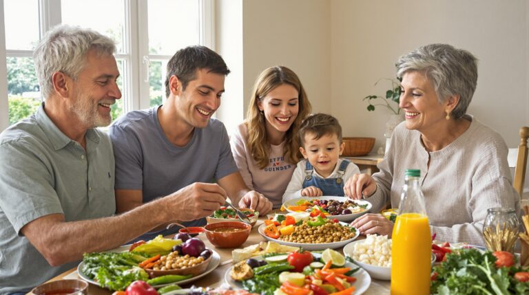 flexitarisme : assiette colorée avec lentilles, pois chiches, céréales et noix