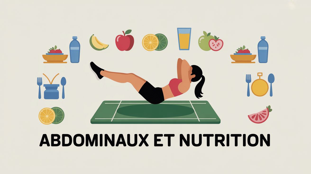 Exercices abdominaux et symboles nutrition sur tapis