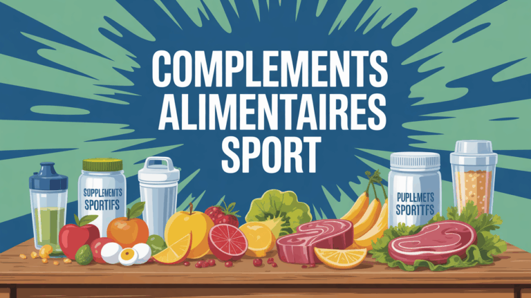 Illustration supplements sportifs et aliments sains sur table