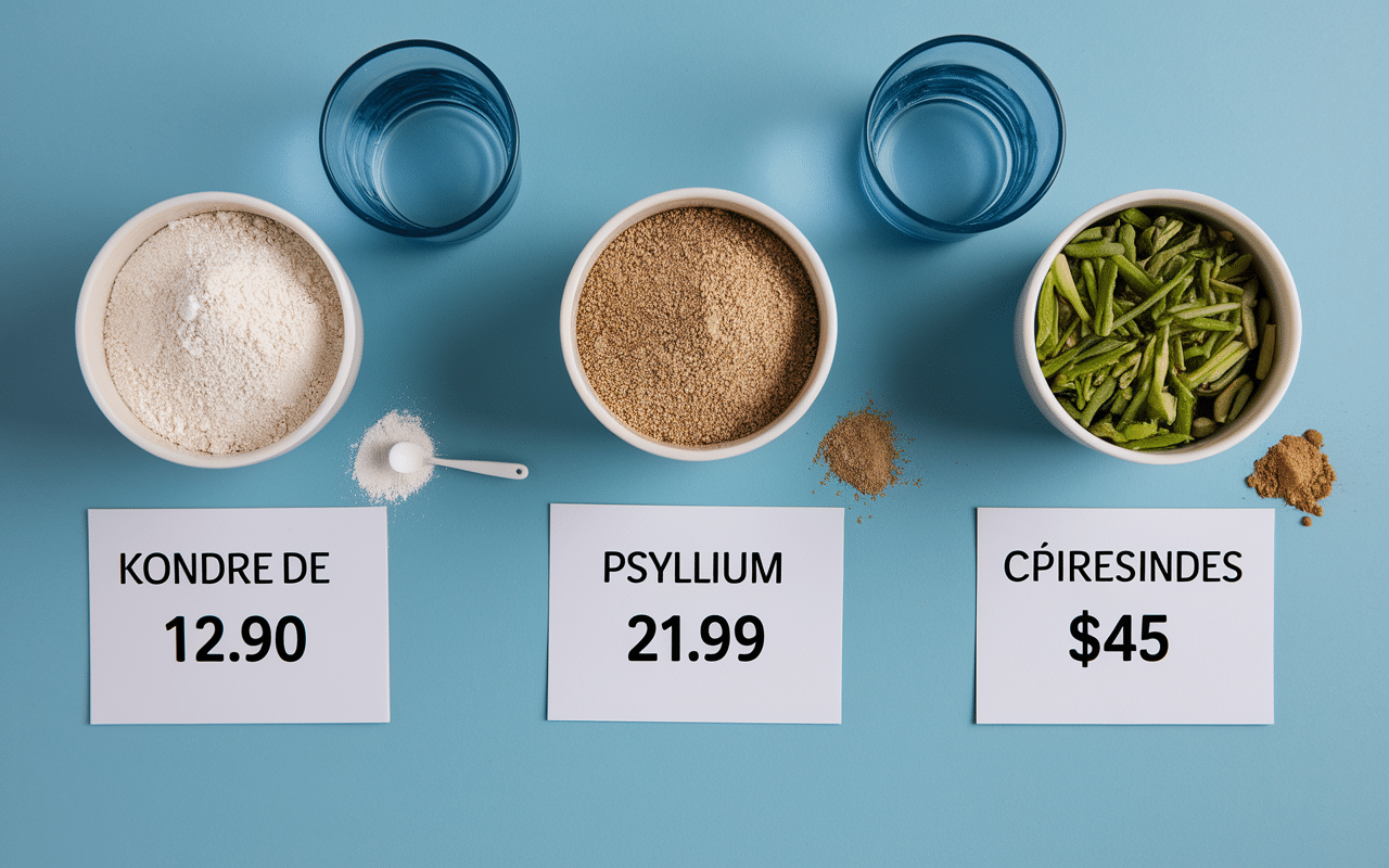 Table avec bols de konjac, psyllium, protéines, prix affichés et verres d'eau