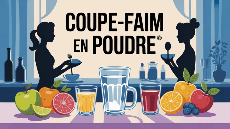 Scène petit déjeuner avec coupe-faim en poudre, fruits frais et grand verre d'eau