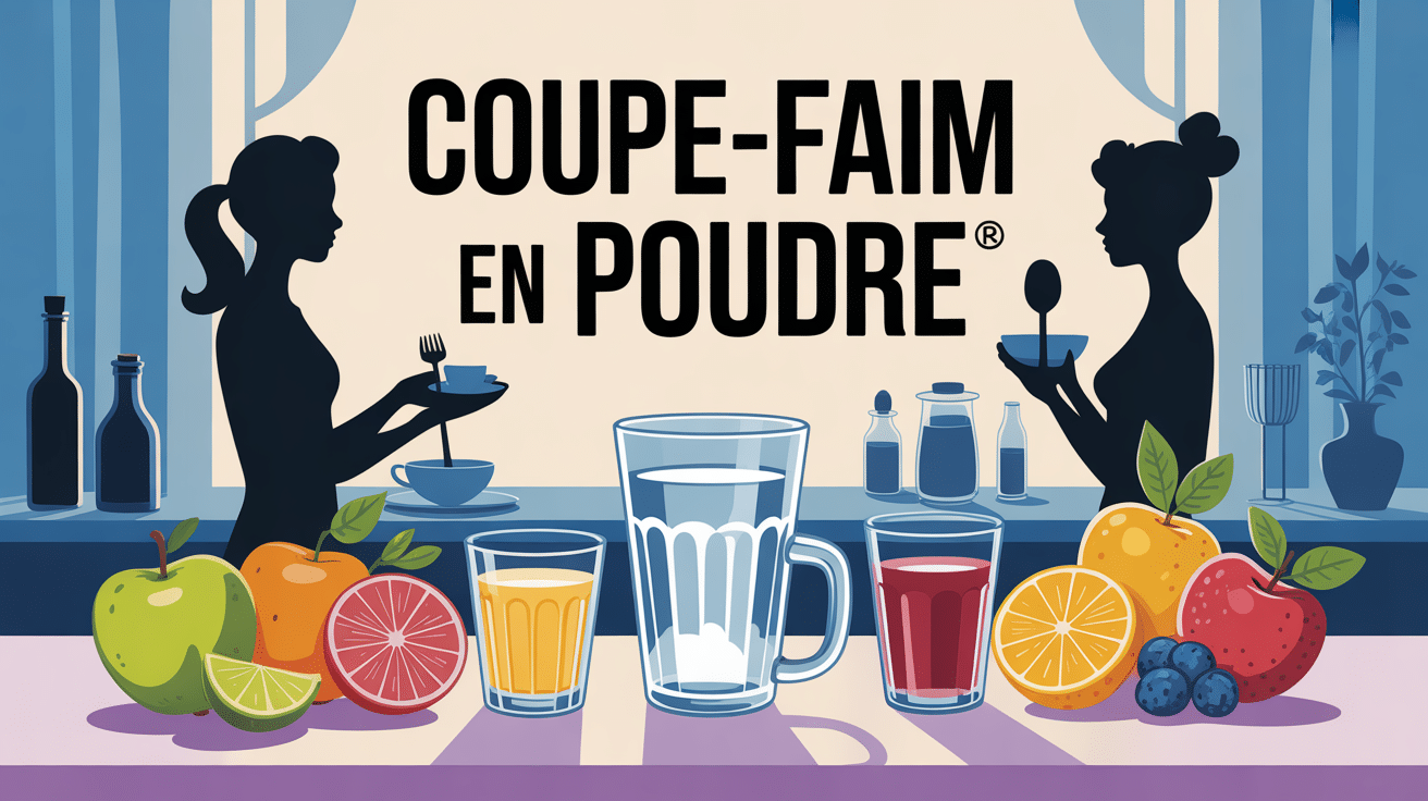 Scène petit déjeuner avec coupe-faim en poudre, fruits frais et grand verre d'eau