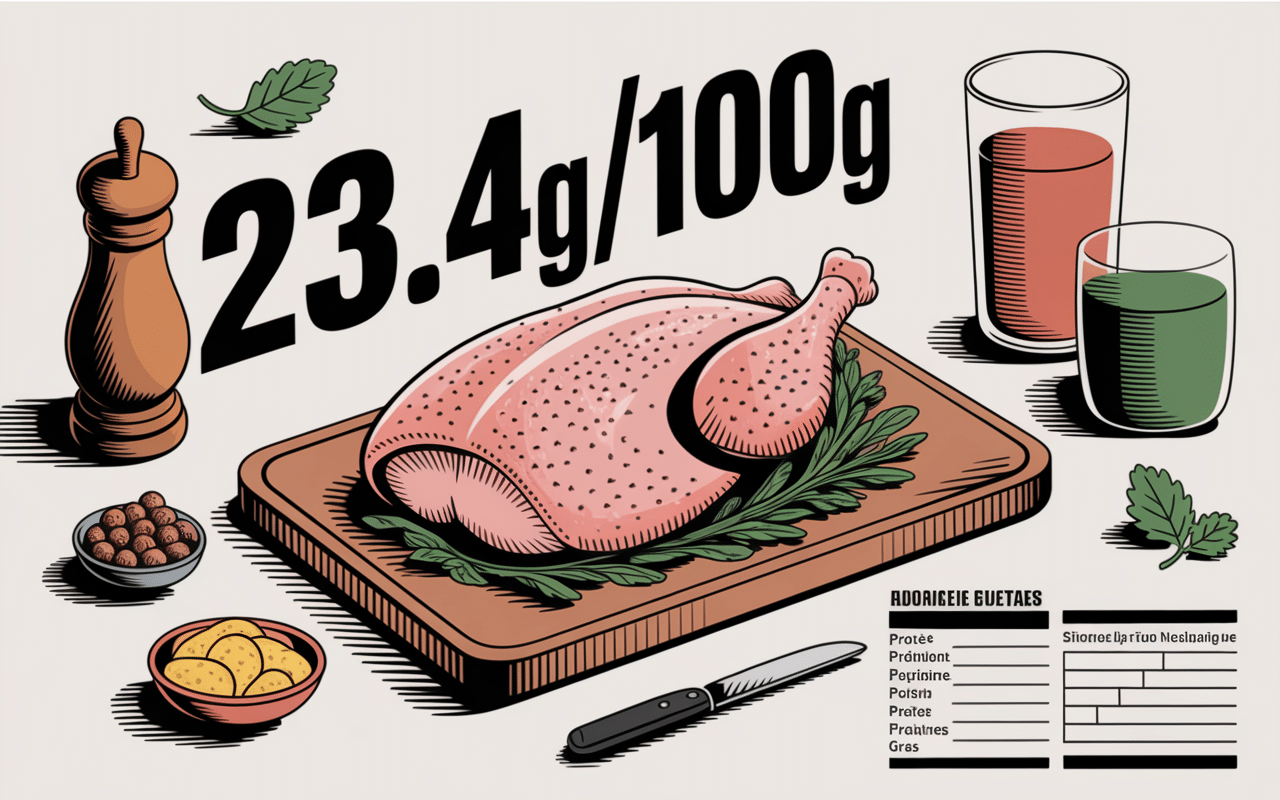 filet de poulet cru sur balance, chiffre protéines, nutriments