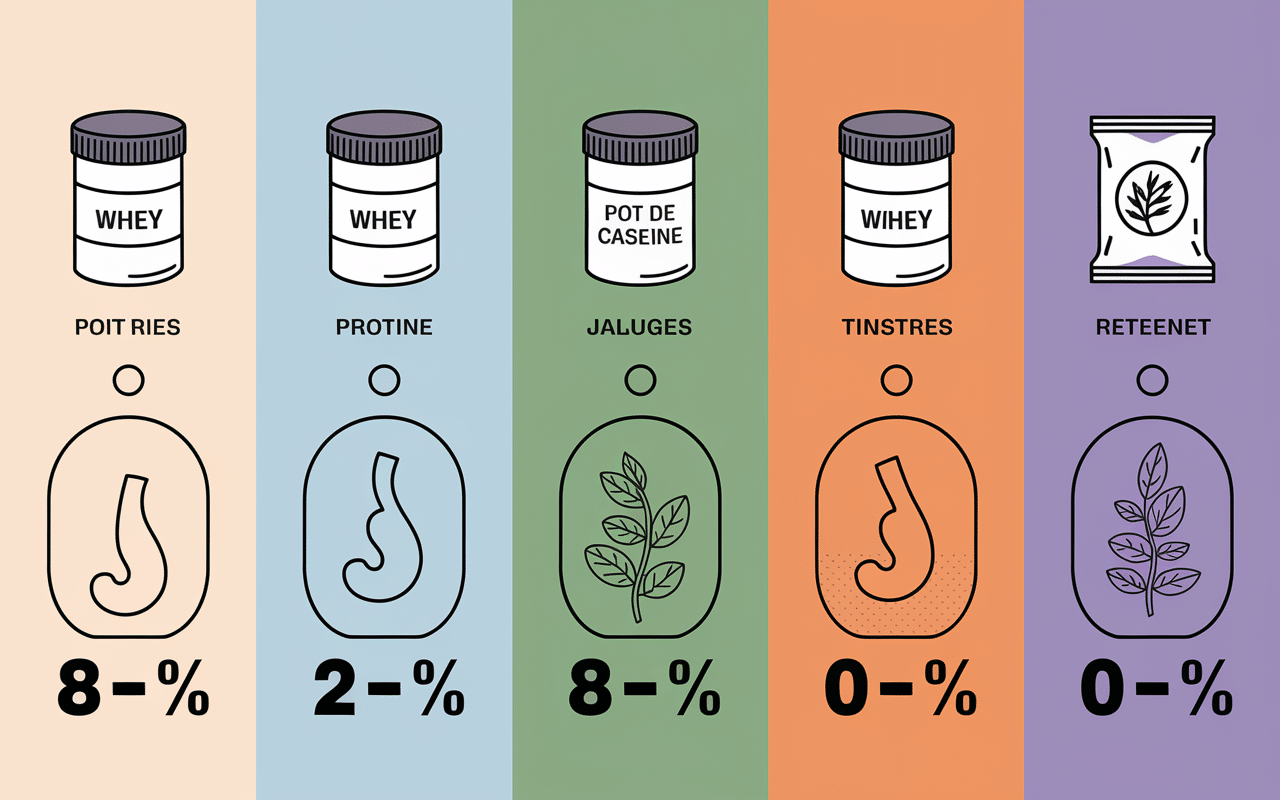 Tableau comparatif, pots whey caseine vegetales, jauges tolerance digestive