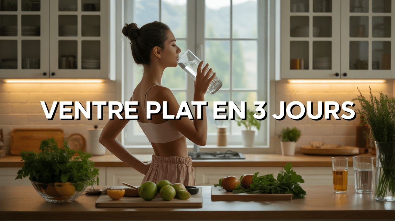 femme boit eau devant fruits verts ventre plat detox
