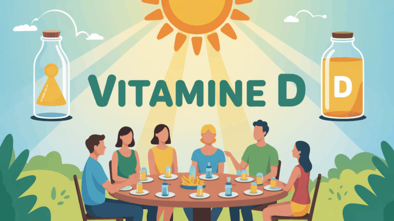 table ronde familiale sous lumiere solaire flacons vitamine d