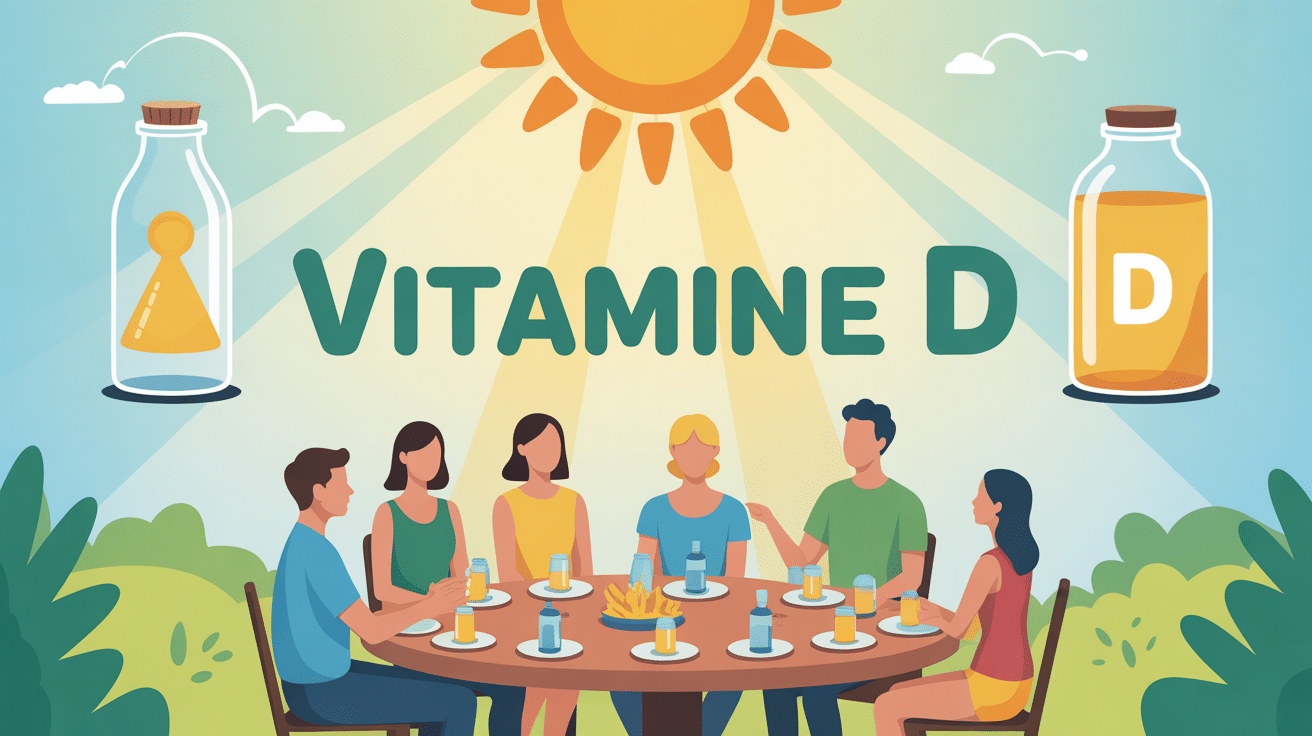 table ronde familiale sous lumiere solaire flacons vitamine d