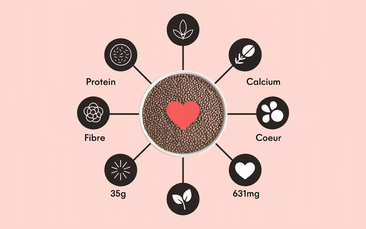 tableau des bienfaits santé graines de chia, protéines fibres calcium
