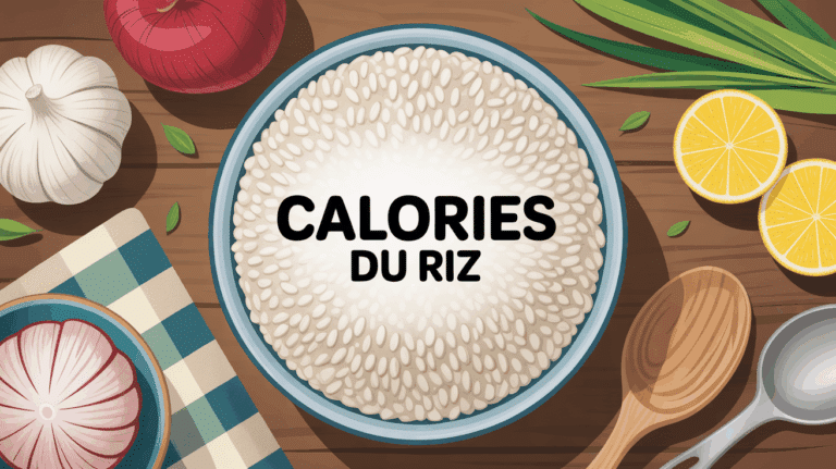 Bol de riz blanc avec calories du riz sur table