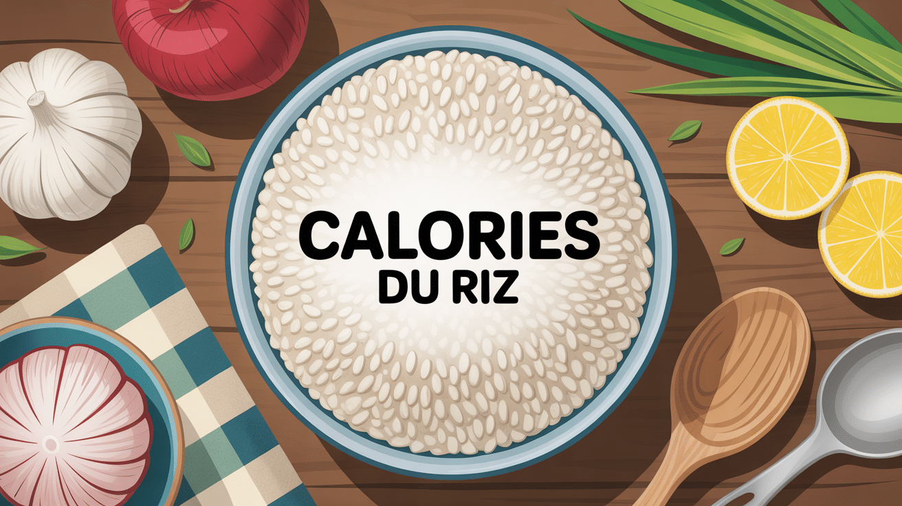 Bol de riz blanc avec calories du riz sur table