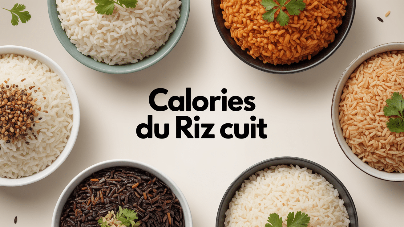 Bol de riz cuit varié avec cuillère et titre calories du riz cuit