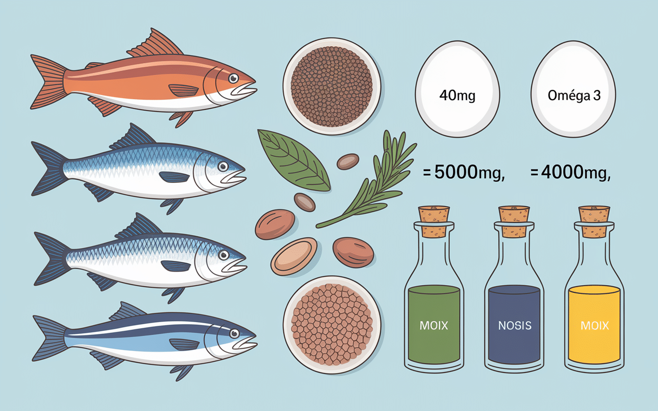 Tableau aliments omega 3 poissons graines huiles noix et quantites