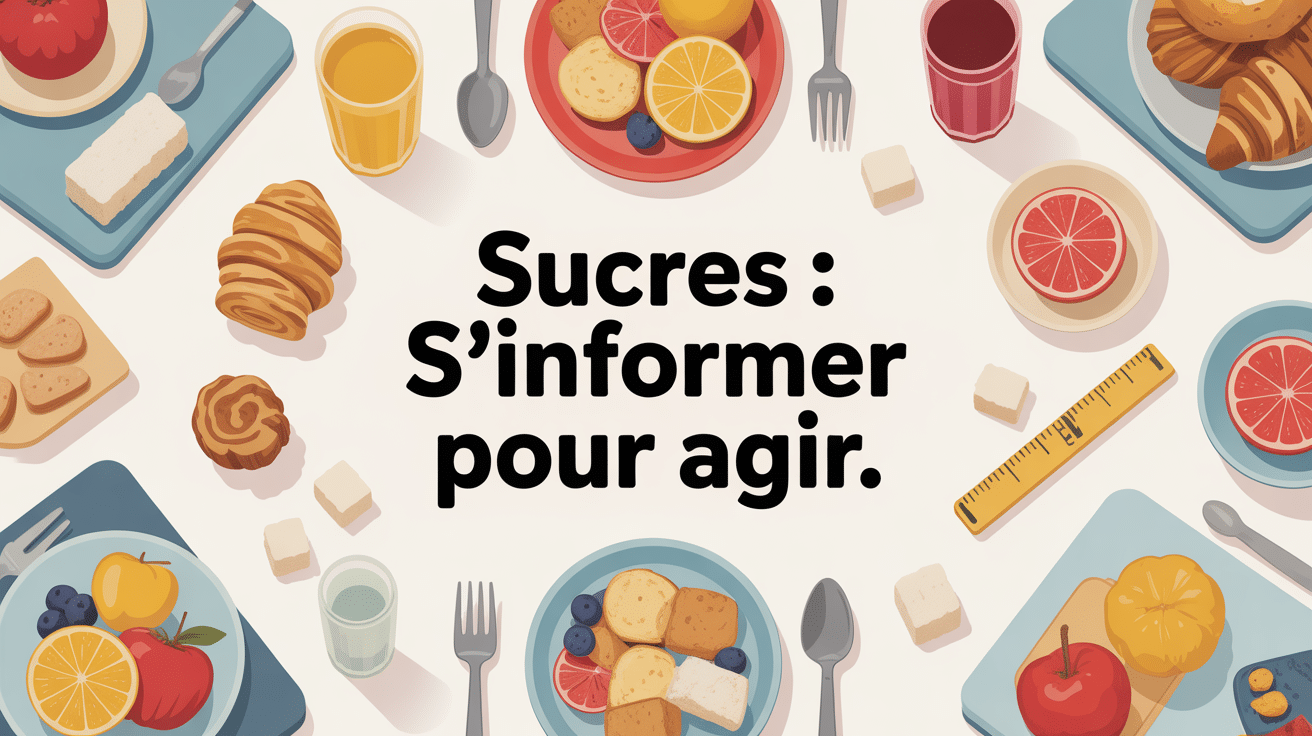 Table avec aliments sucrés et sains, ruban mesure, message informer sur les sucres
