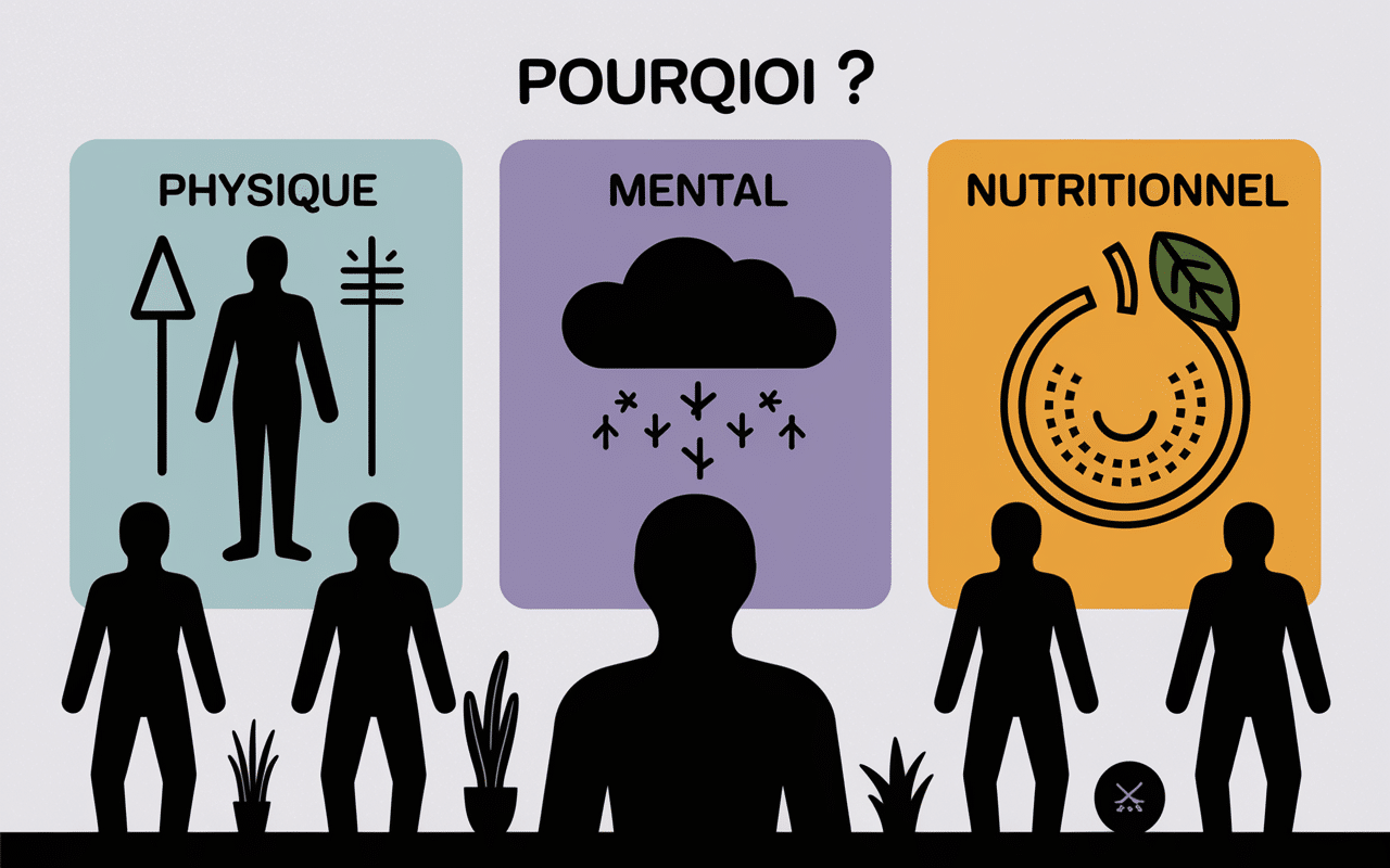 Illustration fatigue physique mentale nutritionnelle, symboles explicatifs