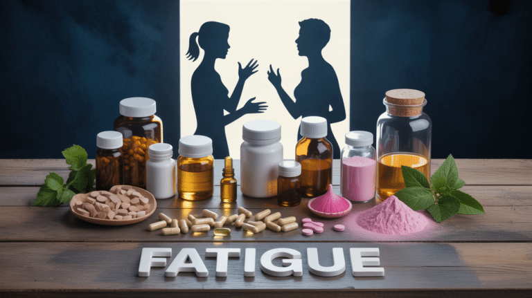 Assortiment de compléments alimentaires fatigue sur table en bois, mot-clé affiché