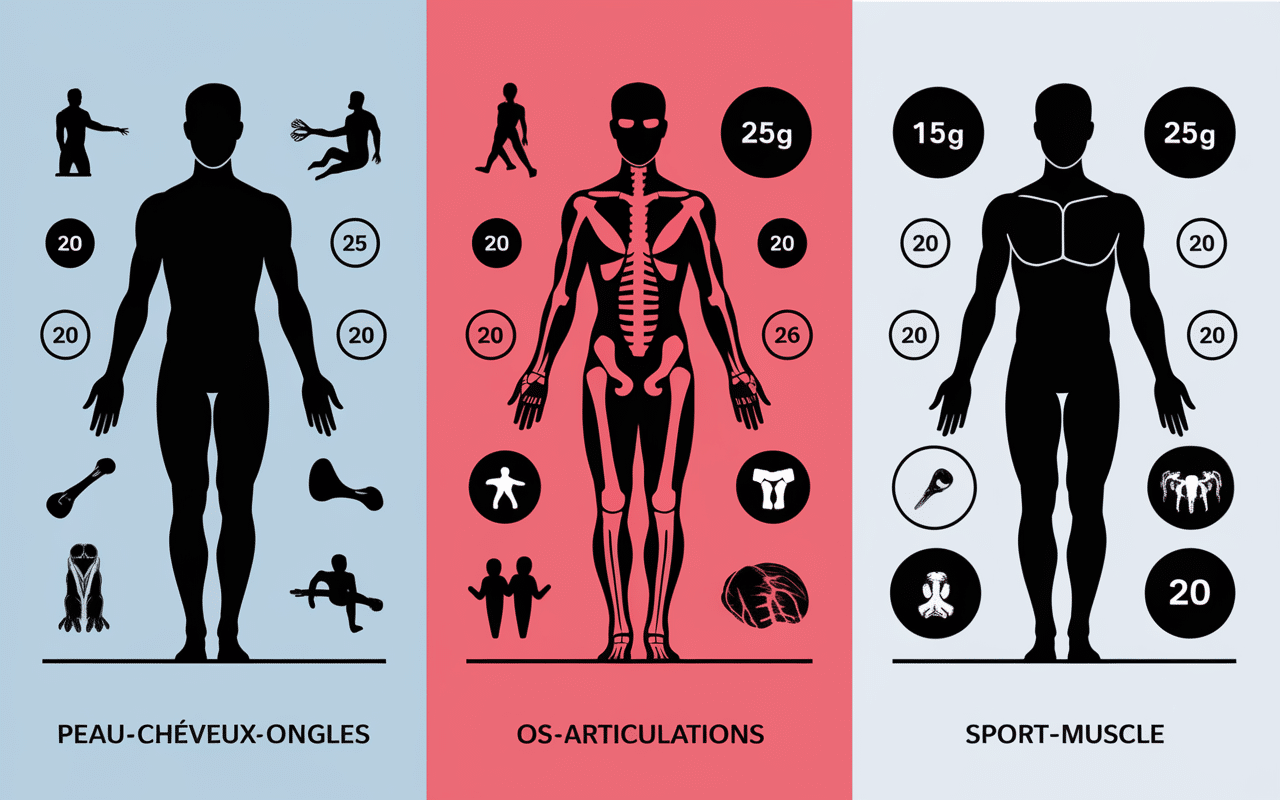 Tableau doses de collagène par usage beauté articulation sport