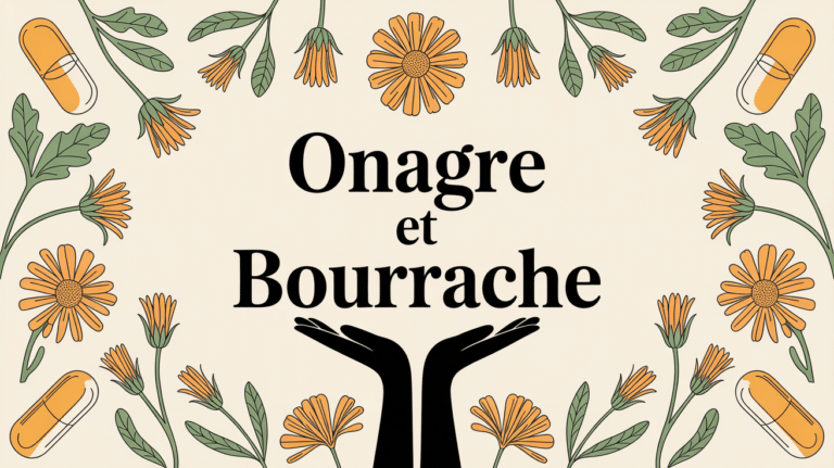 Capsules d'onagre et bourrache avec fleurs et mains ouvertes
