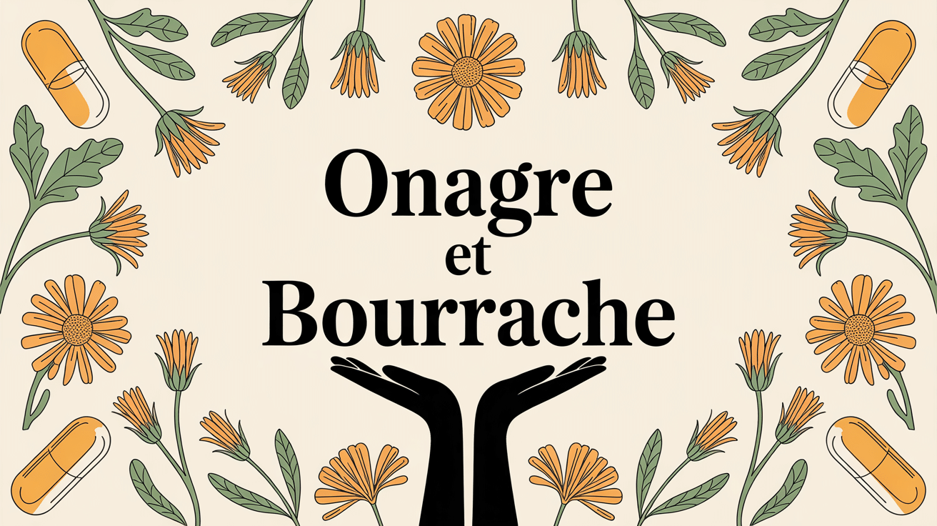 Capsules d'onagre et bourrache avec fleurs et mains ouvertes