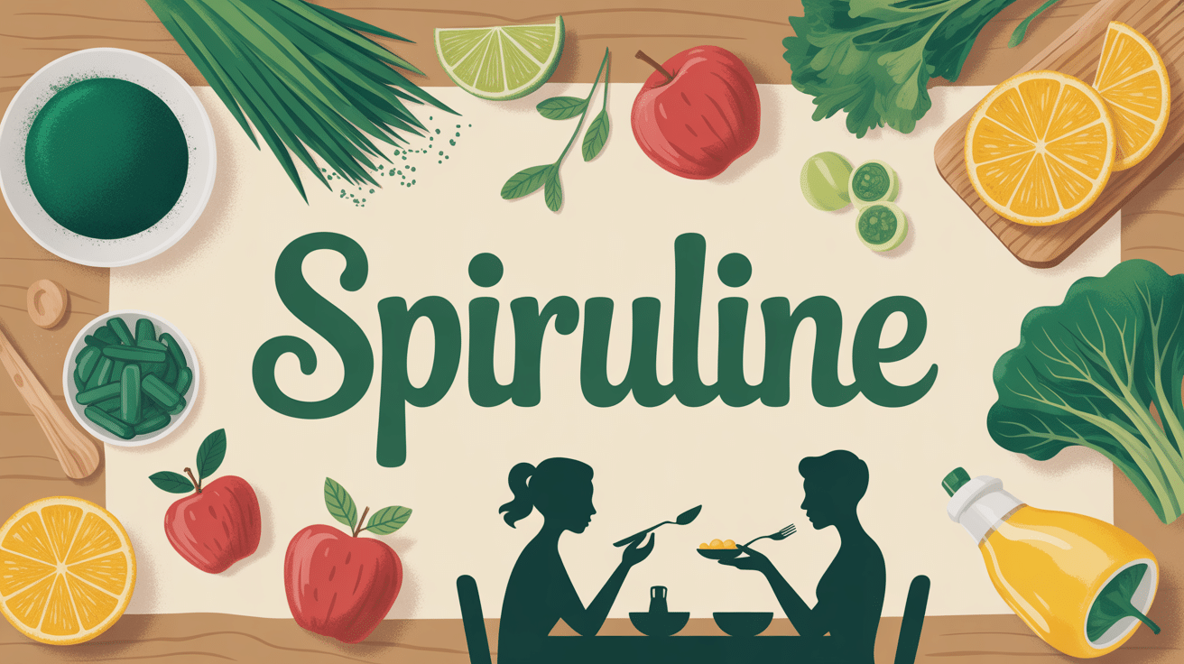 spiruline poudre paillettes comprimes table bois et fruits vitamine c