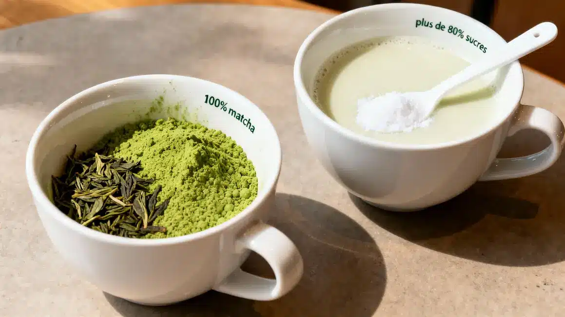 Comparaison matcha slim et vrai thé matcha japonais sur table