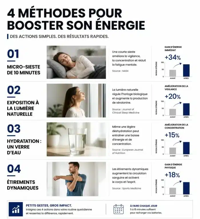 Infographie des méthodes pour avoir de l'énergie rapidement et lutter contre la fatigue