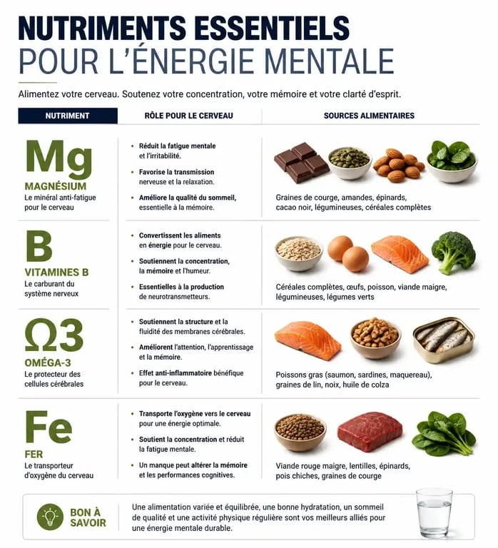 Infographie des nutriments essentiels pour retrouver de l'énergie mentale et combattre la fatigue psychique.