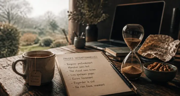 Pause intentionnelle pour retrouver de l energie mentale, épuisement mental, tisane et sablier.