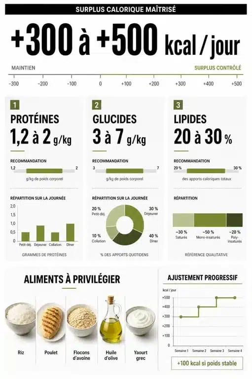 Manger prise de masse : visuel des calories, macros et aliments à privilégier