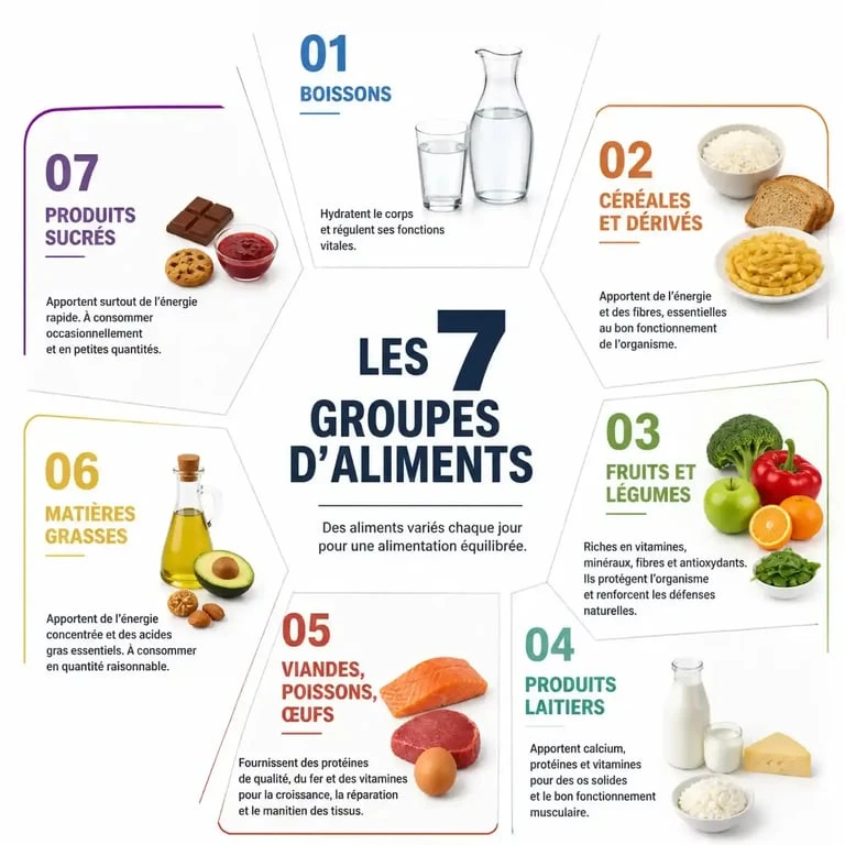 Les 7 groupes d'aliments tableau illustré avec exemples, nutriments et rôles nutritionnels