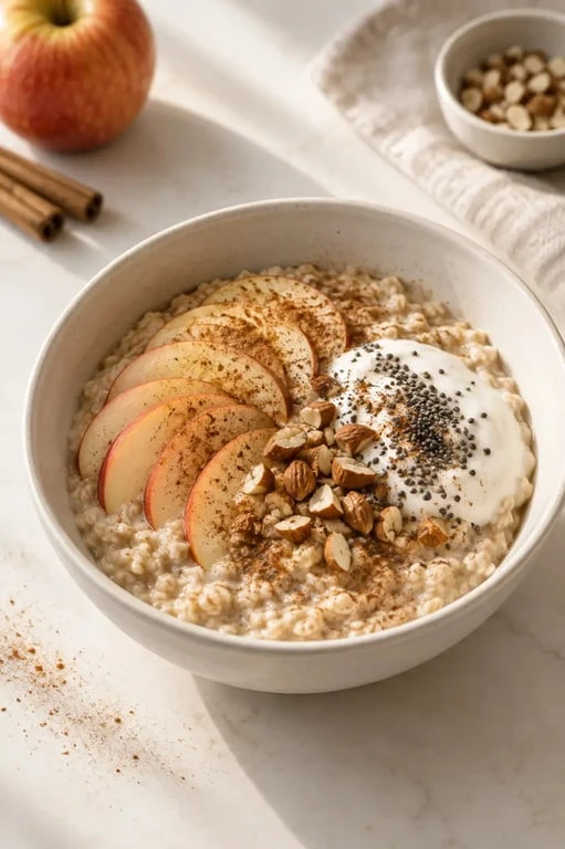 Petit dej équilibré recette : porridge pomme-cannelle avec yaourt, chia et amandes