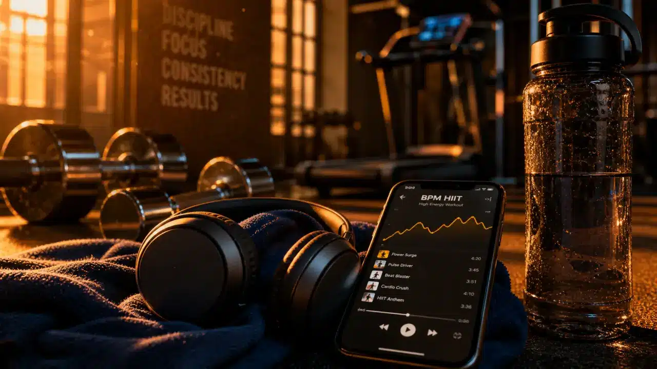 Musique fitness BPM : smartphone et casque sur une playlist HIIT