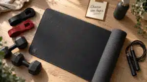 Accessoires de sport : tapis, bandes, haltères et corde à sauter