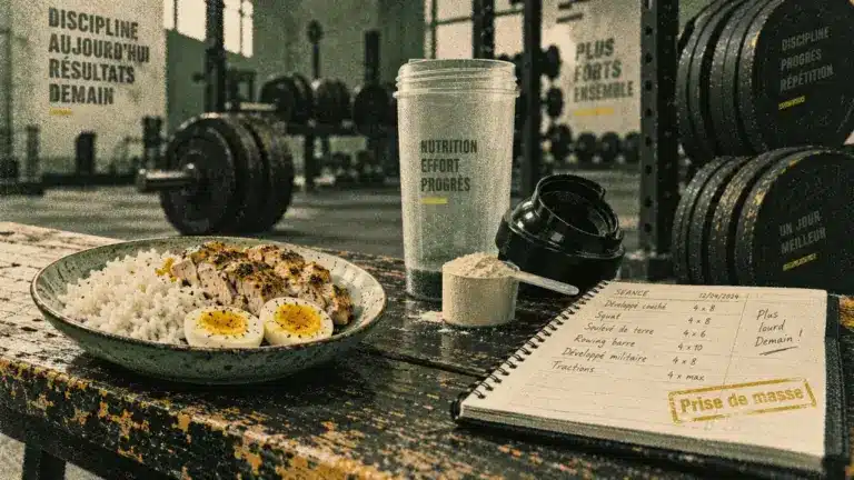 Prise de masse musculaire : riz, poulet, œufs et shaker en salle de sport