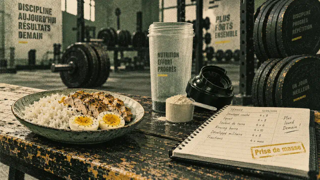 Prise de masse musculaire : riz, poulet, œufs et shaker en salle de sport