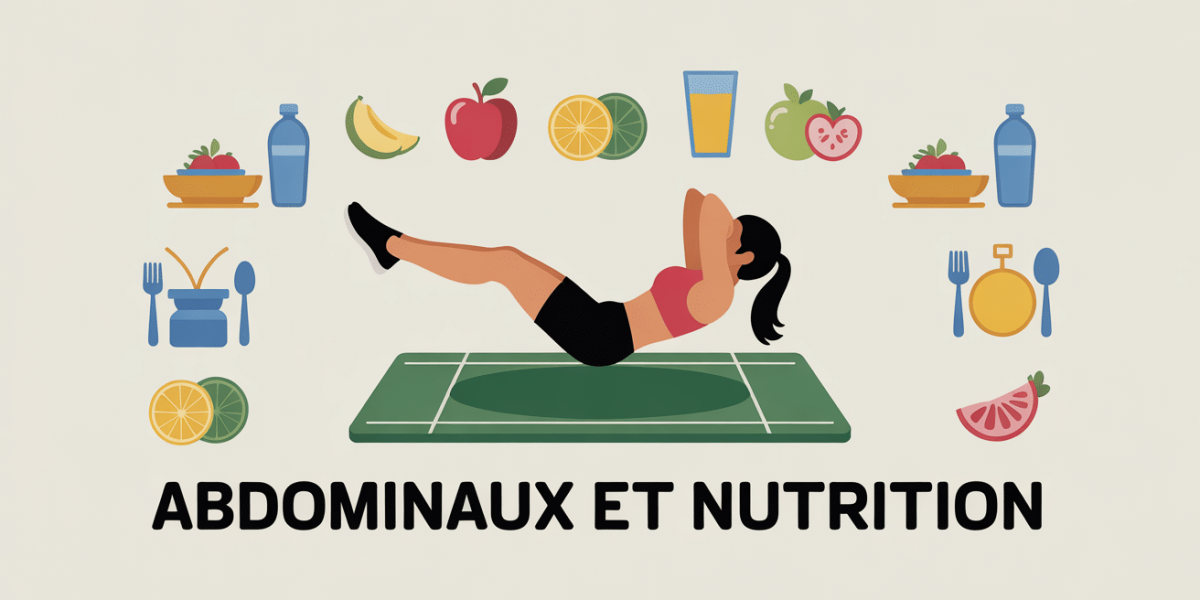 Exercices abdominaux et symboles nutrition sur tapis