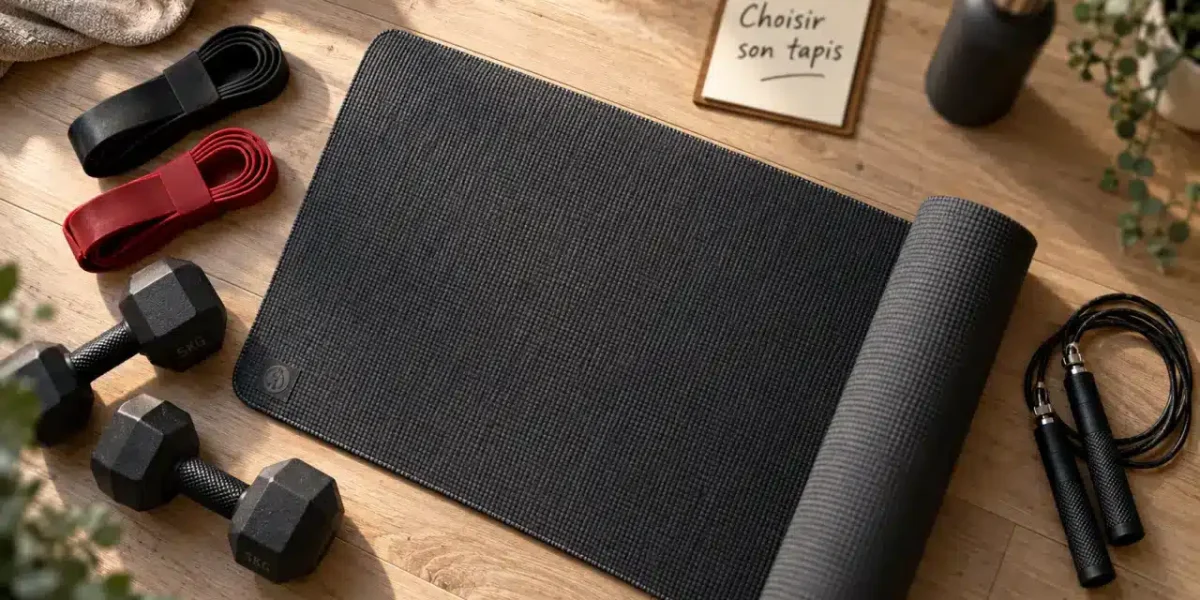 Accessoires de sport : tapis, bandes, haltères et corde à sauter