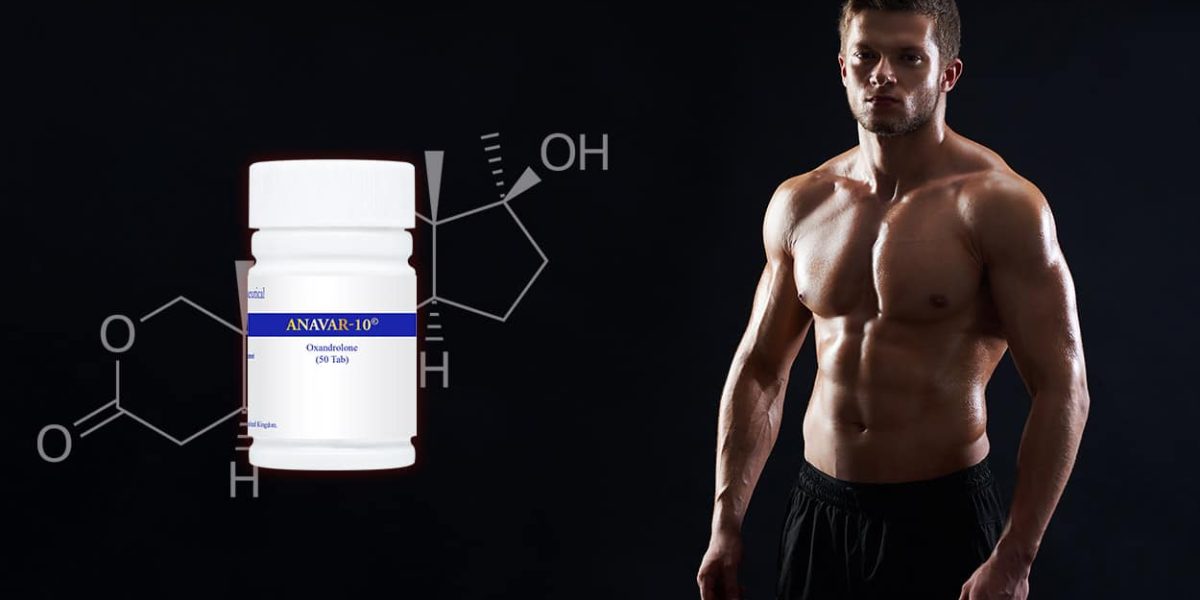 Anavar Oxandrolone : flacons de stéroïdes anabolisants sur fond de haltères de musculation