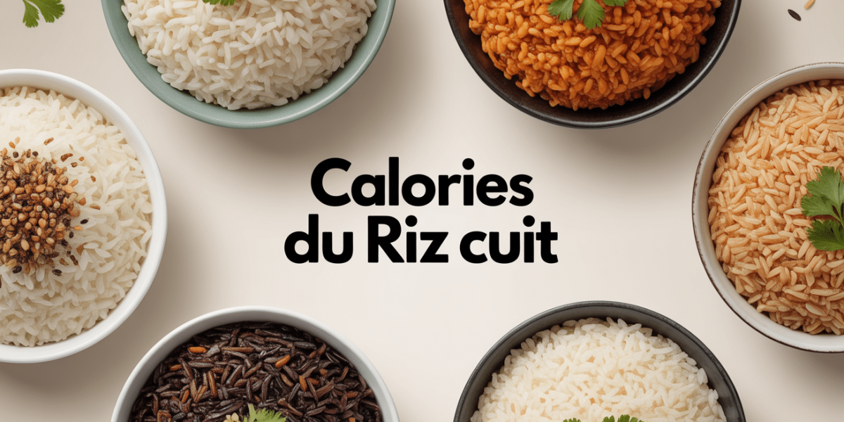 Bol de riz cuit varié avec cuillère et titre calories du riz cuit