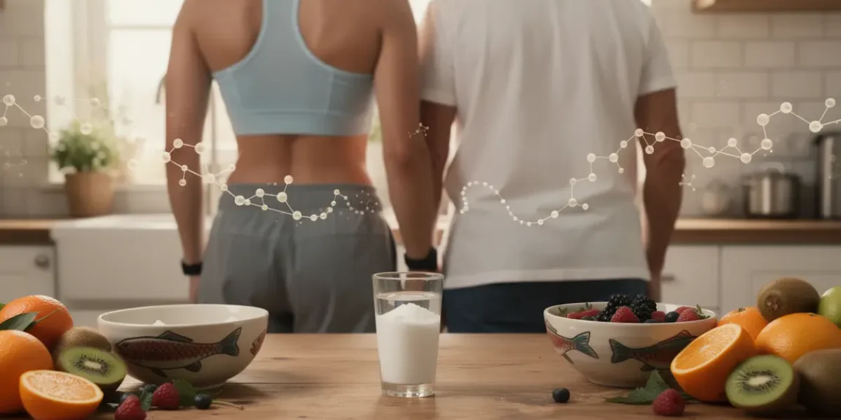 Adulte sportif Nutri&Co devant poudre collagène santé peau mobilité