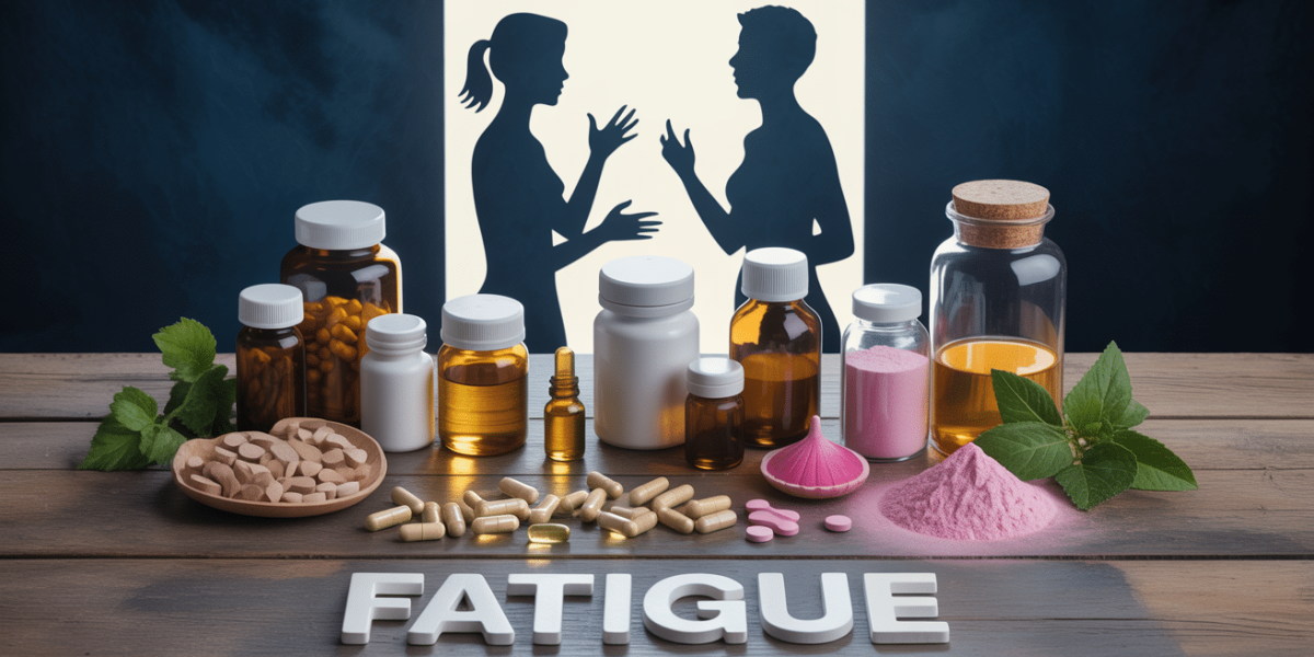 Assortiment de compléments alimentaires fatigue sur table en bois, mot-clé affiché
