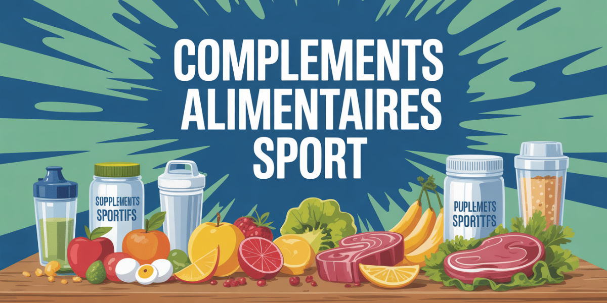 Illustration supplements sportifs et aliments sains sur table