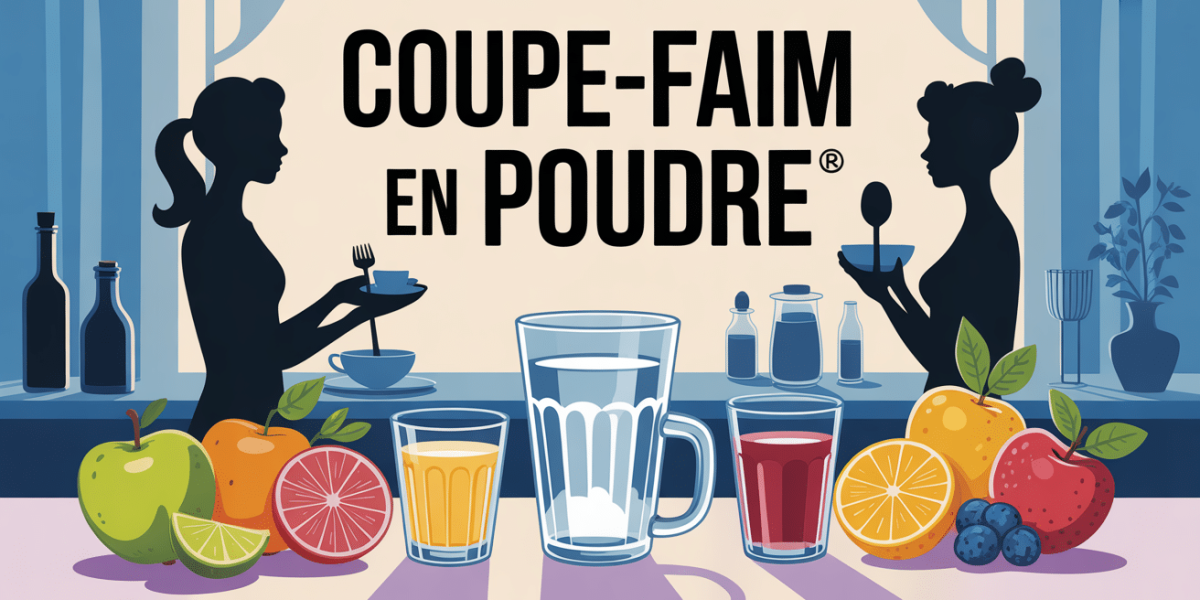 Scène petit déjeuner avec coupe-faim en poudre, fruits frais et grand verre d'eau