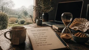 Pause intentionnelle pour retrouver de l energie mentale, épuisement mental, tisane et sablier.