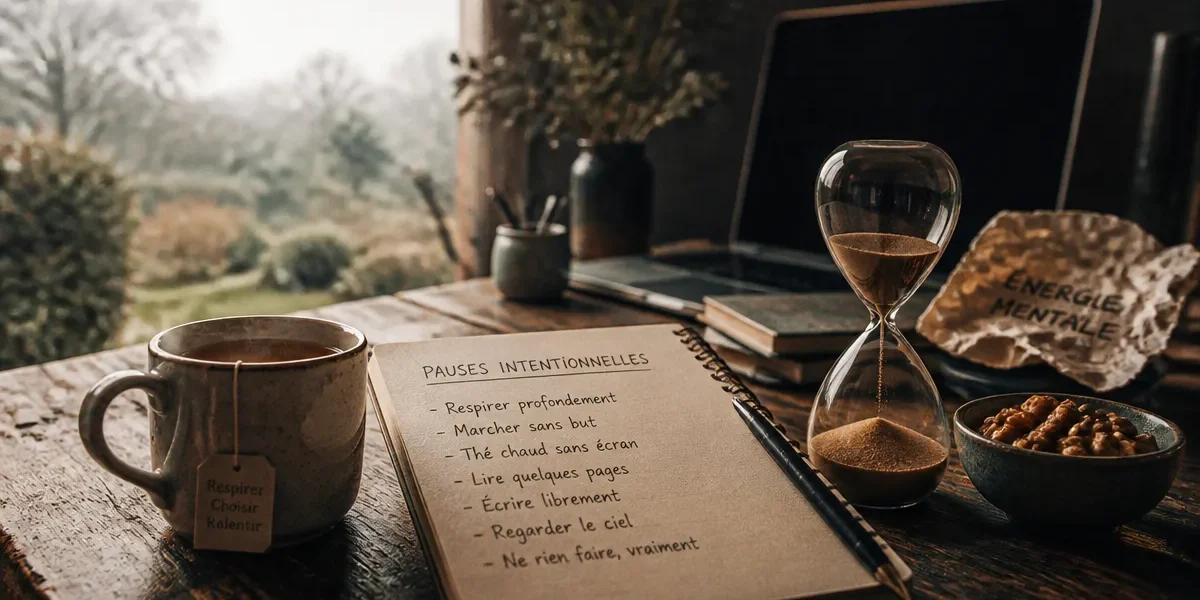 Pause intentionnelle pour retrouver de l energie mentale, épuisement mental, tisane et sablier.