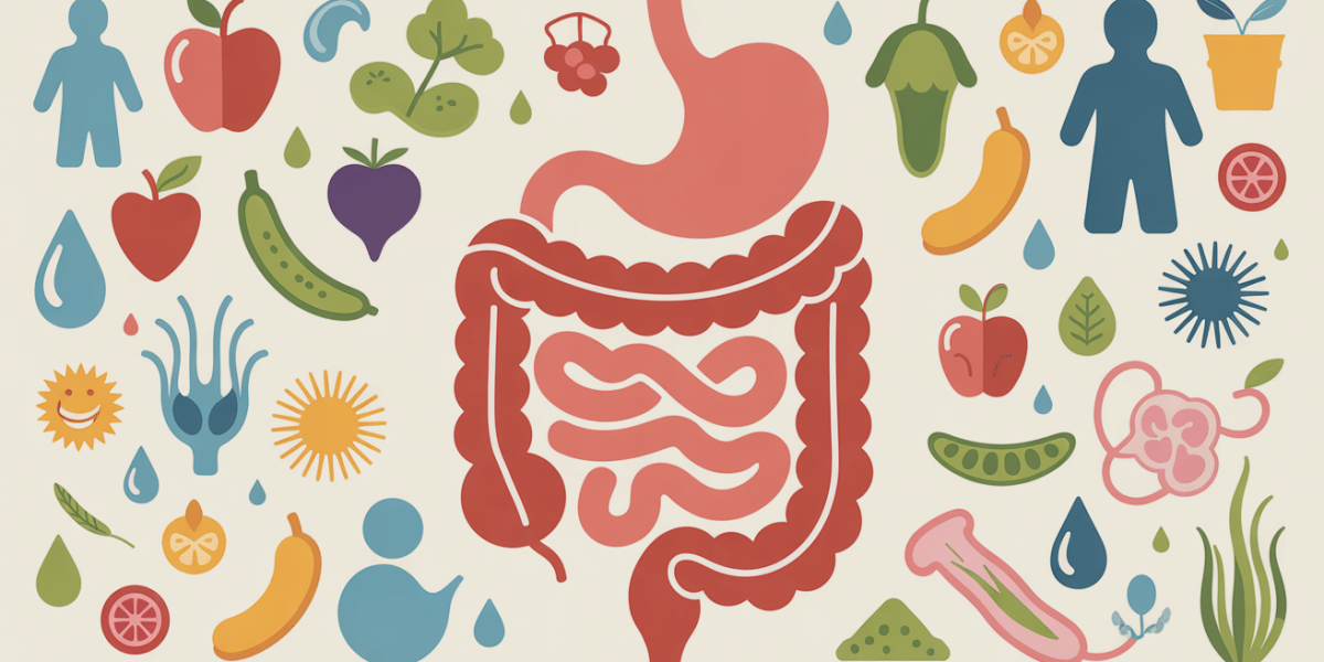 Schéma flore intestinale famille fruits yaourt bactéries