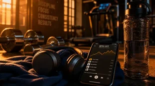 Musique fitness BPM : smartphone et casque sur une playlist HIIT